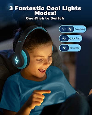 سماعات رأس بلوتوث للأطفال seenda Kids Bluetooth Headphones, Colorful Wireless Over Ear Headset with 85dB/94dB Volume Limited, 45H Playtime, 3 Lighting Modes, Built-in Mic Headphones for Boys Girls iPad Tablet School Blue
