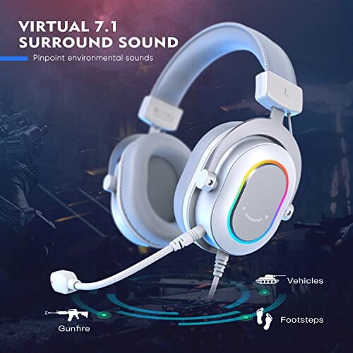 سماعة الألعاب سماعات رأس للكمبيوتر الشخصي سلكي FIFINE USB Gaming Headset, PC Headphones Wired with Microphone for Computer/Laptop/PS4, Over-Ear RGB Headset with 7.1 Surround Sound, Noise Cancellation for Streaming Video Game- AmpliGame H6 (White)