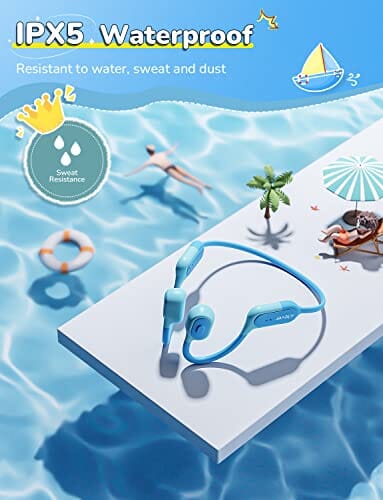 سماعات رأس للأطفال مزودة بتوصيل عظمي للأذن المفتوحة iClever Kids Headphones Bone Conduction, Open Ear Safety, IPX5 Waterproof, 360° Bending, Kids Lightweight Headphones Wireless Bluetooth 5.3, Kids Earbuds USB-C for iPad Tablet Travel Sports, Blue