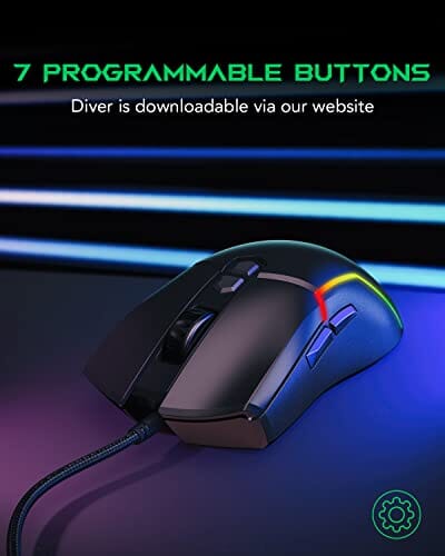 ماوس مريح للكمبيوتر Black Shark Gaming Mouse Wired, USB Computer Ergonomic Mouse with 7 Adjustable DPI Up to 10,000, 7 Programmable Buttons, 5 Modes RGB Backlight, Optical Gamer Mice for Windows PC Laptop Mac