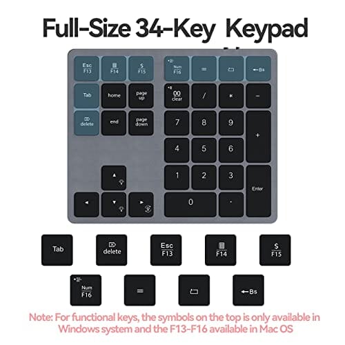 لوحة مفاتيح رقمية بإضاءة خلفية بتقنية البلوتوث Doohoeek Backlit Bluetooth Numeric Keypad for Laptops and Computers, Number Pads 34 Keys with 7-Color Backlight for MacBook & Windows, Gray