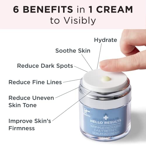 كريم مصل الريتينول اليومي لتقليل التجاعيد من آي تي كوزمتيكس IT Cosmetics Hello Results Wrinkle-Reducing Daily Retinol Serum-in-Cream - Firming & Anti-Aging Retinol Face Cream with Niacinamide, Vitamin B5 & Vitamin E - 0.5 fl oz