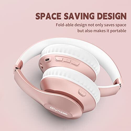 سماعات بلوتوث لاسلكية فوق الأذن مزودة بميكروفون Glynzak Wireless Bluetooth Headphones Over Ear 65H Playtime HiFi Stereo Headset with Microphone and 6EQ Modes Foldable Bluetooth V5.3 Headphones for Travel Smartphone Computer Laptop Rose Gold