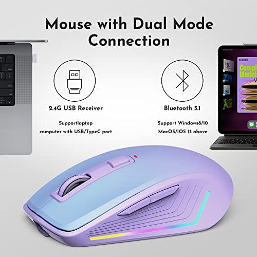 ماوس لاسلكي Wireless Mouse,RGB Bluetooth Mouse,2.4G Slim Rechargeable Computer Mice for Laptop,USB Cordless Computer Mouse with 6 Buttons,3 Adjustable 1600 DPI for Macbook Pro/Air,Notebook,PC,Chromebook - Purple