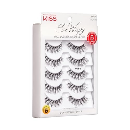 رموش متعددة رقم 11 KISS So Wispy False Eyelashes Multipack #11, Full Bouncy Volume & Curl, Signature Wispy Effect, Quality Synthetic, Crisscross Pattern, Cruelty Free, Reusable and contact lens friendly, 5 Pairs