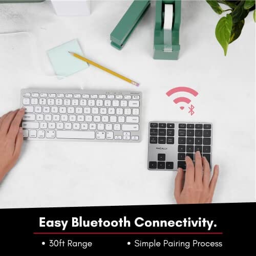 لوحة أرقام بلوتوث لأجهزة الكمبيوتر المحمول من ماكالي Macally Bluetooth Number Pad for Laptop - Slim Aluminum Design - Rechargeable Wireless Numeric Keypad - 35 Key Numpad Keyboard for Data Entry - for MacBook Pro/Air, iPad, iPhone, iOS, PC, Android