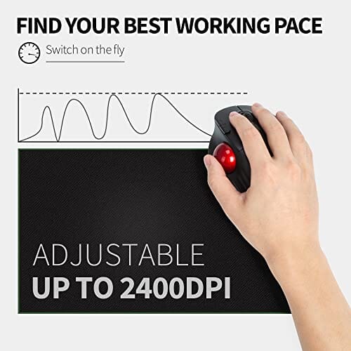 ماوس كرة دوارة لاسلكي مريح DeLUX Bluetooth Trackball Mouse, Wireless Ergonomic Rollerball Mouse with 2400DPI, Smooth Easy Thumb Control, 3 Devices Connection, Red Ball, Compatible for Windows, PC, Mac (MT1-Black)