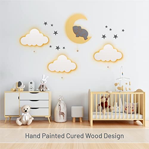 مصباح فيل على القمر Lumipets Lighted Elephant on Moon, Nursery Night Light, Wall Mounted Lighted, Battery Operated Cloud Light Sign–Lightweight Moon Night Light for Babies, Toddlers, Kids