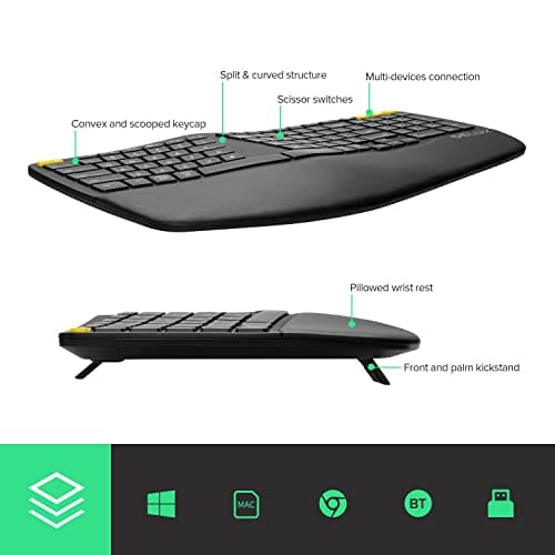 لوحة مفاتيح مريحة مطورة لاسلكية DeLUX Ergonomic Keyboard, Upgraded Wireless Ergo Split Keyboard with Backlit, 2.4G and Bluetooth, Scissor Switch and Palm Rest for Natural Typing, Compatible with Windows and Mac OS (GM902Pro-Black)