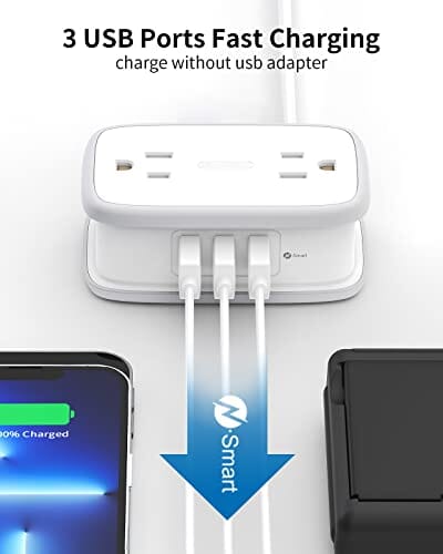 شريط طاقة للسفر مع منافذ  4 منافذ Travel Power Strip with USB Ports, NTONPOWER 4 Outlets 3 USB with 4FT Wrapped Short Extension Cord Flat Plug, USB Portable Desktop Charging Station, Compact for Hotel Travel Cruise Essentials, White