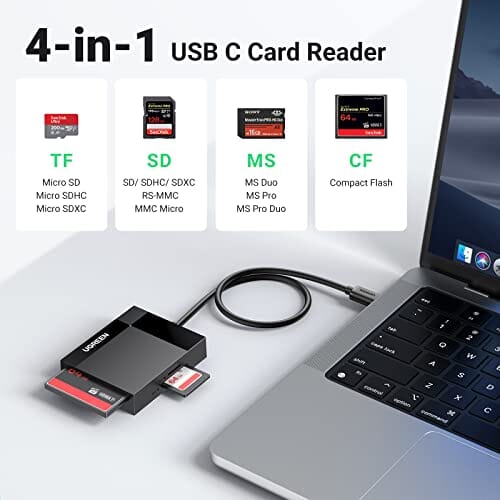 قارئ بطاقة UGREEN USB C SD Card Reader 4-in-1 Memory Card Adapter External SD Micro SD MS CF Compact Flash Camera Card Reader Compatible with Steam Deck, Hubs, MacBook Mini 2023/Pro, iPad, etc