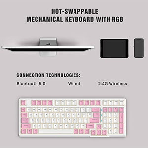 لوحة مفاتيح ألعاب ميكانيكية KOLMAX 98-Key RGB Hot-swappable Mechanical Gaming Keyboard, 2.4G Wireless/BT5.0/Wired with PBT Double-Shot Pudding Keycaps White-Pink Gaming Keyboard for Mac & Win Programmable Macro (Pink Switches)