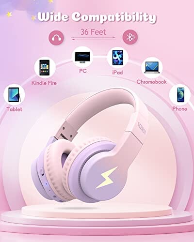 سماعات رأس بلوتوث للأطفال من سيندا seenda Kids Bluetooth Headphones, Colorful Wireless Over Ear Headset with 85dB/94dB Volume Limited, 45H Playtime, 3 Lighting Modes, Built-in Mic Headphones for Boys Girls iPad Tablet School Pink