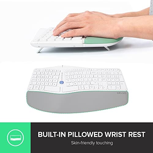 لوحة مفاتيح لاسلكية مريحة ومقسمة مع مسند راحة يد DeLUX Wireless Ergonomic Split Keyboard with Cushioned Palm Rest Against Carpal Tunnel, [Standard Ergo] Keyboard Series, Multi-Device Connection, Compatible with Windows, Mac OS (GM901D-White)