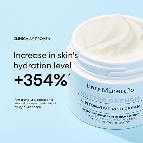 كريم الوجه الغني المرمم باتر مينيرالز bareMinerals Butter Drench Restorative Rich Face Cream, Hydrating Face Lotion, Helps Skin Retain Moisture, Soothes Dry Skin, Non-Comedogenic, Vegan