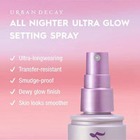 بخاخ تثبيت المكياج - بخاخ إنهاء مكياج محمل بحمض الهيالورونيك وخلاصة الصبار Urban Decay All Nighter Ultra Glow Makeup Setting Spray - Makeup Finishing Spray Infused with Hyaluronic Acid & Agave Extract - Glowy, Dewy Finish - 4.0 fl. oz