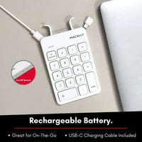 لوحة مفاتيح رقمية لاسلكية Macally 2.4G Wireless Numeric Keypad USB C - The Perfect MacBook Sidekick - Rechargeable USB C Number Pad with 18 Scissor Switch Keys - Type C Numeric Keypad for Mac PC iPad and Chrome - White