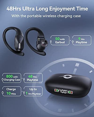 سماعات بلوتوث لاسلكية، صوت ستيريو باس مع حافظة شحن Bluetooth Headphones Wireless Earbuds Bass Stereo Sound with Wireless Charging Case 48H Playback Earphones LED Display With Built in Mic and Over Earhooks Waterproof Headset for Running Workout Sports