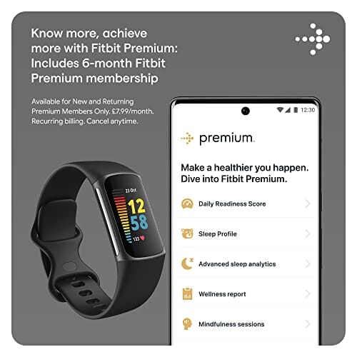 متتبع الصحة واللياقة البدنية Fitbit Charge 5 Advanced Health & Fitness Tracker with Built-in GPS, Stress Management Tools, Sleep Tracking, 24/7 Heart Rate and More, Black/Graphite, One Size (S &L Bands Included)