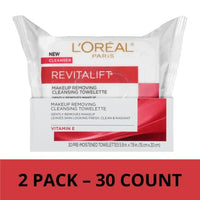 مناديل لوريال باريس رفيتالفت لإزالة المكياج وتنظيف الوجه L'Oréal Paris Revitalift Makeup Removing Facial Cleansing Towelettes with Vitamin E, 30 ct. (Pack of 2)