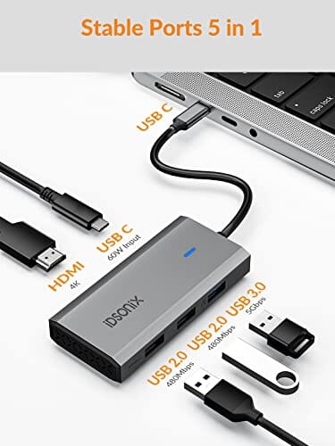 محول متعدد المنافذ USB C Hub, iDsonix 5-in-1 Aluminum USB C Hub Docking Station with 4K HDMI, 60W Power Delivery, USB 3.0 5Gbps Data Ports, USB C Hub for MacBook Air/Pro, iPad, HP, Dell and More (Grey)