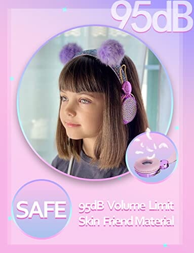 سماعات بوم للأطفال مع ميكروفون Kids Pom Headphones with Mic for Travel/Car/Plane,Added 85DB Limit Function&Shareport,Unicorns Gifts for Girls,On/Over Ear HD Stereo Wired Headsets with Nylon Cable-Hot-purple