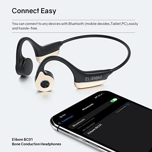 سماعات رأس 9 ساعات من الموسيقى والمكالمات ELIBOM Bone Conduction Headphones, 9+ Hours Music & Call, Open-Ear Bluetooth 5.0 Headphones, IP65 Sweatproof Workout Headphones, Wireless Earphones - Built-in Mic - w/Phone Holder for Running