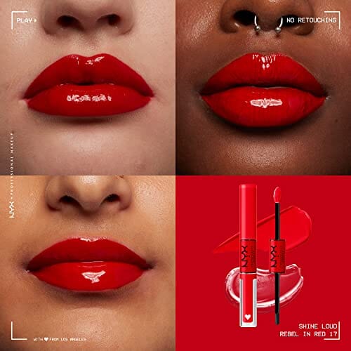 أحمر شفاه سائل يدوم طويلاً مع ملمع شفاه شفاف NYX PROFESSIONAL MAKEUP Shine Loud, Long-Lasting Liquid Lipstick with Clear Lip Gloss - Rebel In Red (Warm Red)