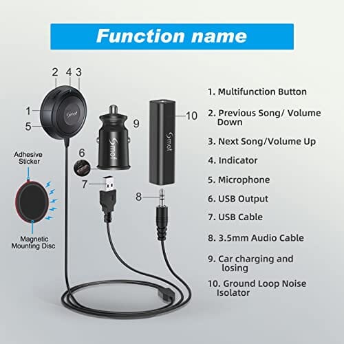 محول بلوتوث للسيارة مع عازل للضوضاء Bluetooth 5.0 Car Kit, AUX Bluetooth Adapter for Car with Ground Loop Noise Isolator for Handsfree Talking and Music Streaming, Wireless Bluetooth Receiver with Dual Port USB Car Charger, Input Port