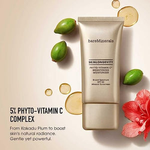 مرطب يومي للوجه + كريم للرقبة bareMinerals Skinlongevity Phyto-Vitamin C Brightening Moisturizer Mineral SPF 30, Brightening Daily Face Moisturizer + Neck Cream