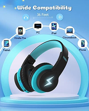 سماعات رأس بلوتوث للأطفال seenda Kids Bluetooth Headphones, Colorful Wireless Over Ear Headset with 85dB/94dB Volume Limited, 45H Playtime, 3 Lighting Modes, Built-in Mic Headphones for Boys Girls iPad Tablet School Blue