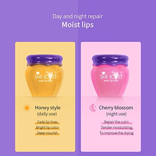 قطعتان من ماسك الشفاه ليلي 2 PCS Lip Mask Overnight, Honey&Sakura Day and Night Repair Sleeping Lip Balm, Fade Lip Lines Bee Balm, Hydrating &Prevention Dry and Crack Lip Scrubs Exfoliator