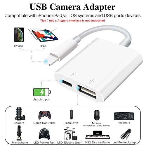 محول كاميرا مع منفذ شحن ومحول SUNTRSI USB Camera Adapter with Charging Port, Portable USB Female OTG Adapter Compatible with iPhone iPad, iPad to USB Adapter Plug and Play Support Card Reader