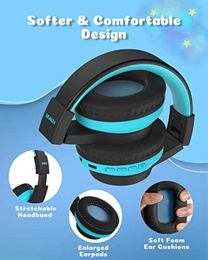 سماعات رأس بلوتوث للأطفال seenda Kids Bluetooth Headphones, Colorful Wireless Over Ear Headset with 85dB/94dB Volume Limited, 45H Playtime, 3 Lighting Modes, Built-in Mic Headphones for Boys Girls iPad Tablet School Blue