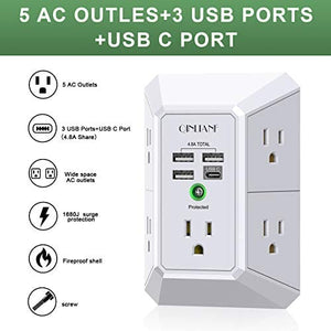 شاحن حائط 5منافذ مع 4 منافذ شحن  Wall Charger, Surge Protector, QINLIANF 5 Outlet Extender with 4 USB Charging Ports (4.8A Total) 3-Sided 1680J Power Strip Multi Plug Adapter Spaced for Home Travel Office (3U1C)