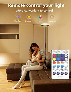 مصباح أرضي ذكي Smart RGB Floor Lamp Works with Alexa Google Home, WiFi Remote Modern Tall Standing Light, Super Bright 2000LM Color Changing & Dimmable Sky Torchiere LED Floor Lamp for Living Room, Bedroom (Black)