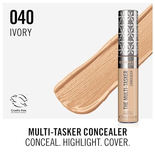 ريميل لندن خافي عيوب متعدد المهام Rimmel London, Multi-Tasker Concealer, 040 Ivory, Crease-Proof, Transfer-Proof, Waterproof, Up To 24-Hour Wear, Vegan Formula, 0.33oz