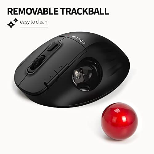 ماوس كرة دوارة لاسلكي مريح DeLUX Bluetooth Trackball Mouse, Wireless Ergonomic Rollerball Mouse with 2400DPI, Smooth Easy Thumb Control, 3 Devices Connection, Red Ball, Compatible for Windows, PC, Mac (MT1-Black)