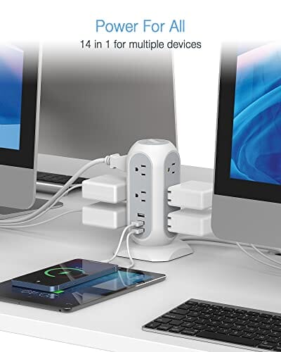 USB  شريط طاقة برجي مع 11 منفذًا 3 شواحن Tower Power Strip with 11 Outlets 3 USB Chargers, TESSAN Surge Protector Tower 1875W/15A, 6 Feet Extension Cord with Multiple Outlets, Flat Plug, Office Supplies, Desk Accessories, Dorm Essentials