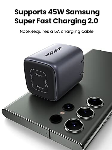 شاحن حائط قابل للطي UGREEN 45W USB C Charger, Nexode GaN Dual USB C Foldable Wall Charger Block Support Samsung Super Fast Charging 2.0 Compatible with Galaxy S23 Ultra/S22/Note 20, iPhone 14, iPad, MacBook, Steam Deck