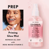 رذاذ الوجه كلين فريش للعناية بالبشرة من كوفرجيرل مع ماء الورد وفيتامين سي COVERGIRL Clean Fresh Skincare Priming Glow Facial Mist with Rose Water and Vitamin C, 3.3 Fl Oz