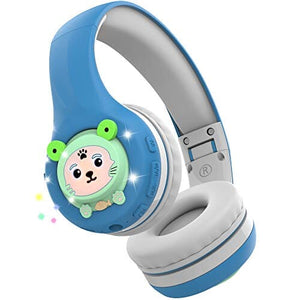 سماعات رأس للأطفال الصغار للمدرسة مع ميكروفون Riwbox Baosilon FB-7S Frog Kids Headphones Bluetooth, LED Light Up Bluetooth Headphones Over Ear Volume Limited Safe 75/85/95dB with Mic and TF-Card, Children Headphones for School/PC (Blue&Grey)