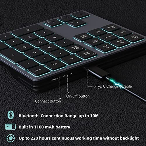 لوحة مفاتيح رقمية بإضاءة خلفية بتقنية البلوتوث Doohoeek Backlit Bluetooth Numeric Keypad for Laptops and Computers, Number Pads 34 Keys with 7-Color Backlight for MacBook & Windows, Gray