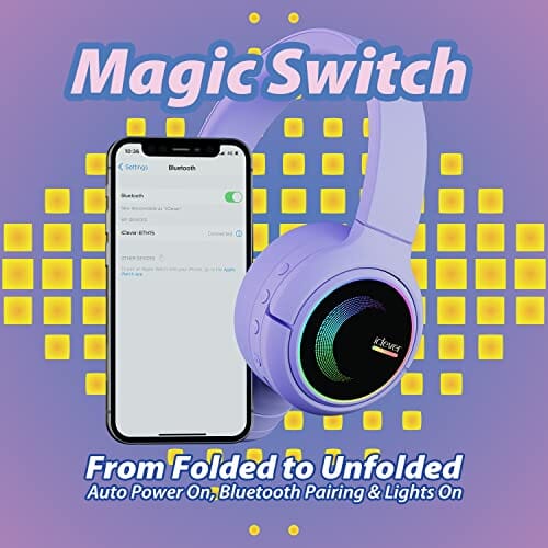 سماعات آي كليفر ماجيك سويتش للأطفال والمراهقين بالبلوتوث iClever Magic Switch Headphones for Kids Teens Bluetooth, Premium Sound, 45Hour Playtime, Safe Volume Mode, Built-in Mic Light Up Kids Bluetooth Headphones for Tablets, Smartphones (Lavender Purple)