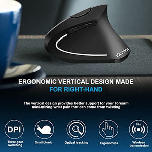 ماوس لاسلكي مريح ماوس بصري عمودي قابل لإعادة الشحن Vassink Wireless Mouse Ergonomic Mouse Rechargeable Vertical Optical Mice with USB Receiver, 6 Buttons 2.4GHz Adjustable DPI 800/1200/1600 for PC Computer,Laptop,etc（Black）