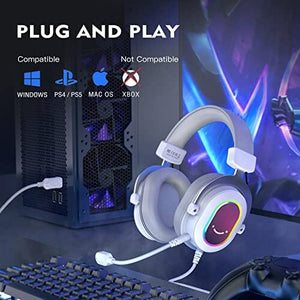 سماعة الألعاب سماعات رأس للكمبيوتر الشخصي سلكي FIFINE USB Gaming Headset, PC Headphones Wired with Microphone for Computer/Laptop/PS4, Over-Ear RGB Headset with 7.1 Surround Sound, Noise Cancellation for Streaming Video Game- AmpliGame H6 (White)