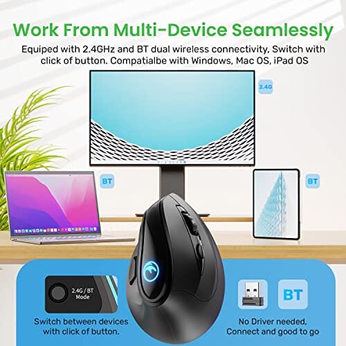 ماوس مريح عمودي لاسلكي قابل لإعادة الشحن IFYOO 2.4G and BT 5.1 Dual Mode RGB Rechargeable Wireless Vertical Ergonomic Mouse, 5 Side Buttons, Max 4000 DPI, for PC Computer Notebook Laptop, for Windows 11 10, Mac iPad OS, Android - Black