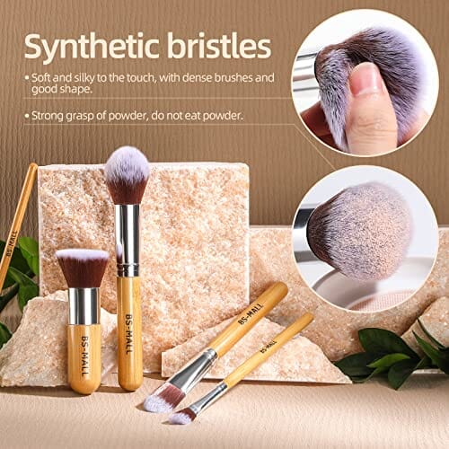 مجموعة فراشي مكياج 11 قطعة من مجموعة فرش كابوكي الاصطناعية من البامبو BS-MALL Makeup Brush Set 11Pcs Bamboo Synthetic Kabuki Brush Set Foundation Powder Blending Concealer Eye shadows Blush Cosmetics Brushes with Organizer Bag & Makeup Sponge