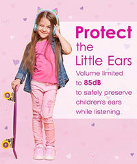 سماعات رأس للأطفال مع آذان قطط FosPower Kids Headphones with LED Cat Ears, 3.5mm On-Ear Wired Headset with Laced Cables for iPad/Smartphones/PC/Kindle/Tablet/Laptop/School (Max Volume 85dB) - Teal/Light Purple