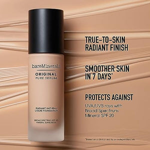 كريم أساس سائل طبيعي مشع ومصل نقي من بار مينيرالز بمعامل حماية من الشمس bareMinerals Original Pure Serum Radiant Natural Liquid Foundation SPF 20, Vegan